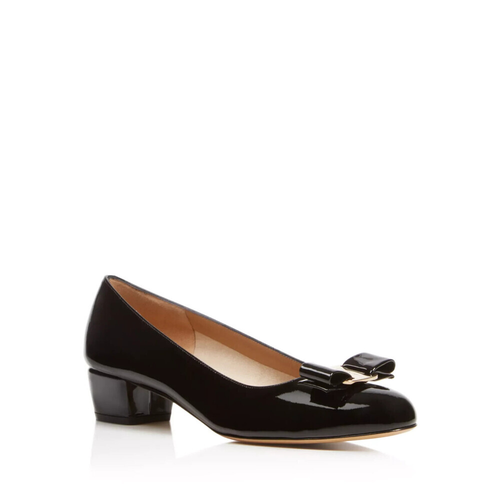 Ferragamo Vara Pumps Women's US 10.5 Black Leather Bow Detail Block Heel ZAP1036